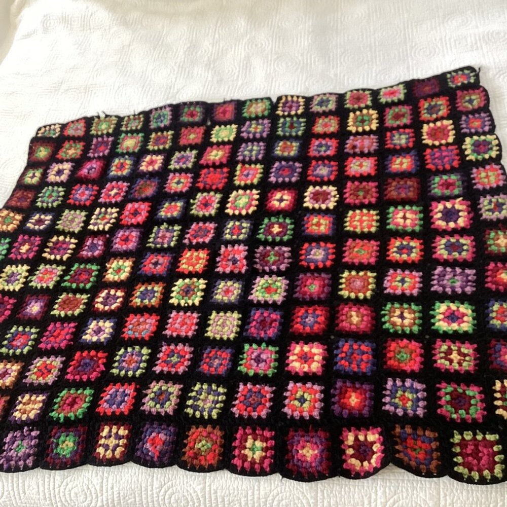 Vintage Crochet Granny Square Afghan Throw Black/Multicolor Blanket 48” X 40”